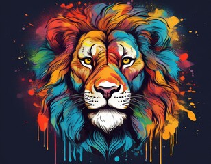 a lion themed t shirt adorned with vibrant paint splatters
