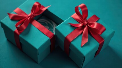 Obraz premium Teal gift boxes adorned with vibrant red ribbons, a delightful presentation of thoughtful presents for a special occasion