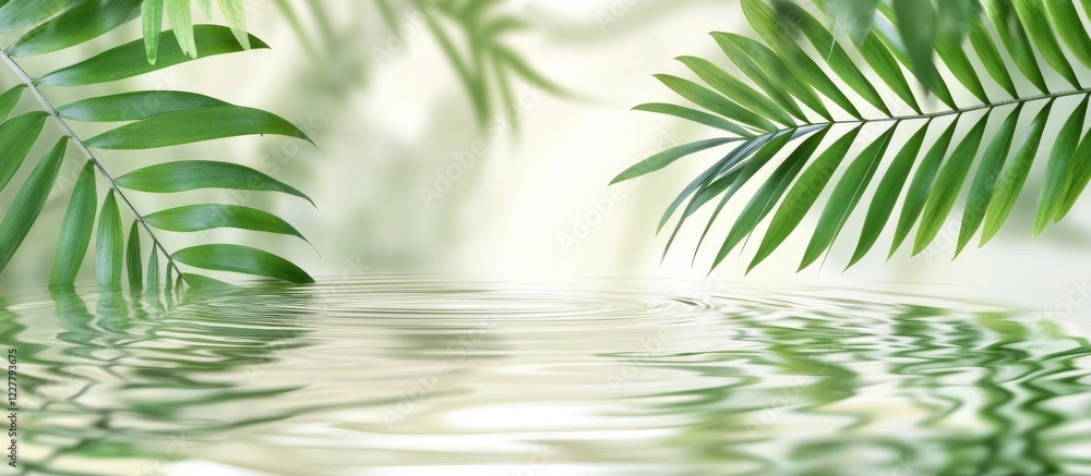 Poster natural green leaf frame with water ripples and palm shadow creating a serene background for text or