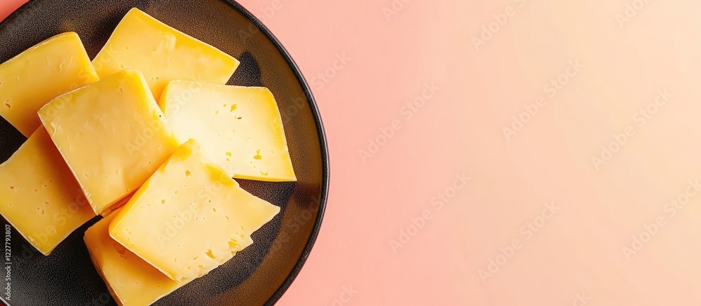 Poster gouda cheese slices on a black plate with ample copy space for text on a light background