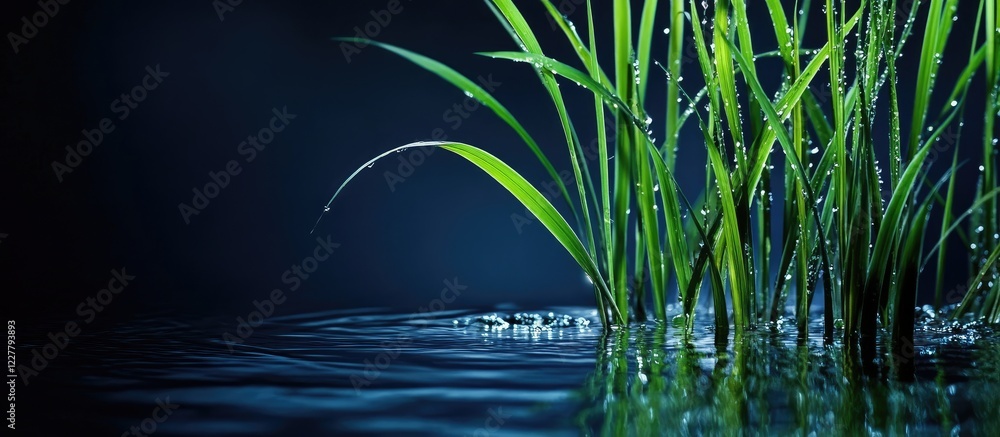 Poster nighttime view of green plant stems submerged in water creating a serene ambiance with ample copy sp