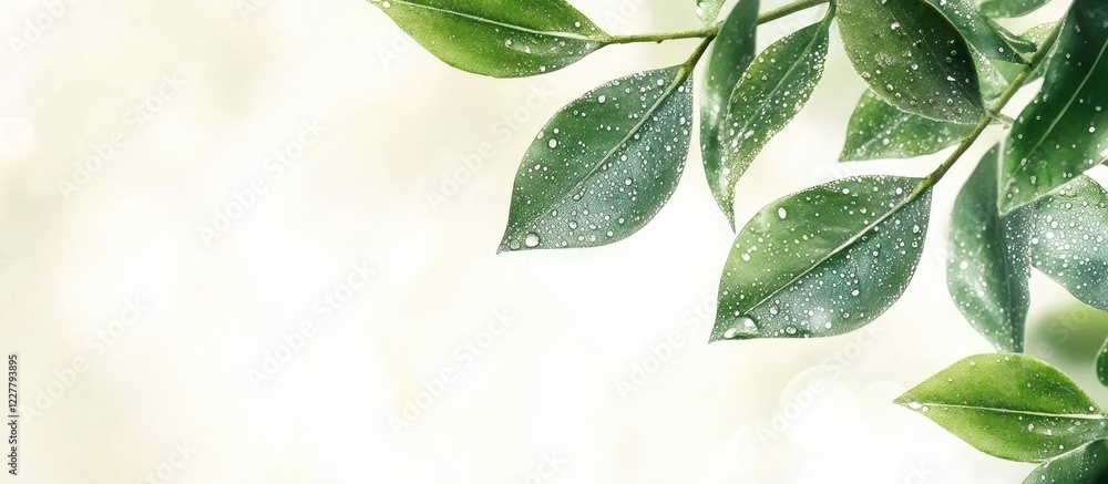 Aufkleber fresh green leaves adorned with water droplets on a moist branch against a blurred background with a