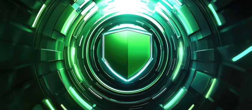 Futuristic green shield emblem on layered circular background with illuminated elements and ample space for customizable text.