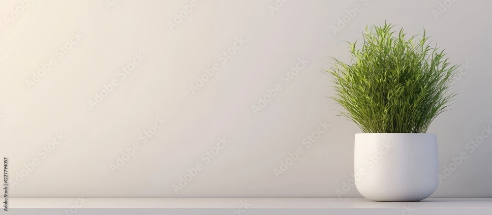 Poster minimalist green plant in white pot on table with empty space for text or graphics ideal for modern 