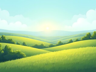Fototapeta premium Flat view of charming hills, green grass, bushes, small trees, clear horizon, sunny weather
