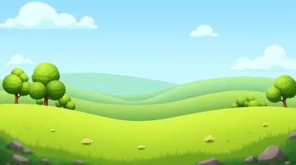 Flat view of charming hills, green grass, bushes, small trees, clear horizon, sunny weather