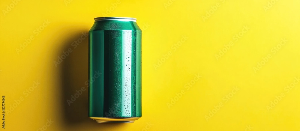 Aufkleber bright green soda can on vibrant yellow backdrop with ample empty space for customizable text or bra