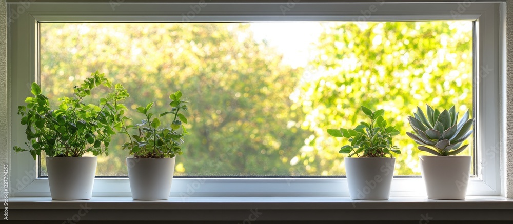 Poster succulents and green plants in pots on a sunlit windowsill with ample empty space for text and creat