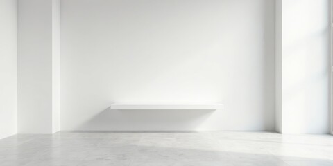 Fototapeta premium Minimalist White Room Interior Design with a Clean, Modern Floating Shelf