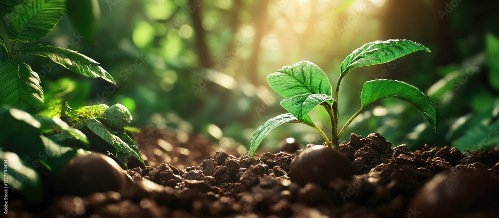 Poster green plants emerging from chocolate soil in a lush forest with soft light and ample space for text 