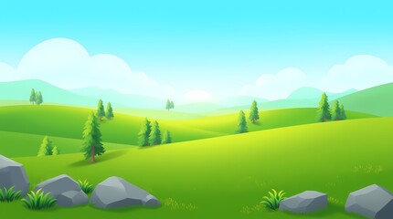 Obraz premium Flat view of charming hills, green grass, bushes, small trees, clear horizon, sunny weather