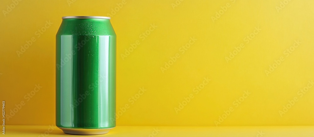 Poster green soda can on vibrant yellow background with ample empty space for text or branding opportunitie