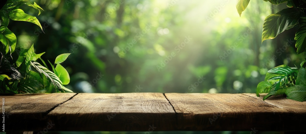 Poster rustic wooden table in lush green safari background with sunlight filtering through leaves ideal for