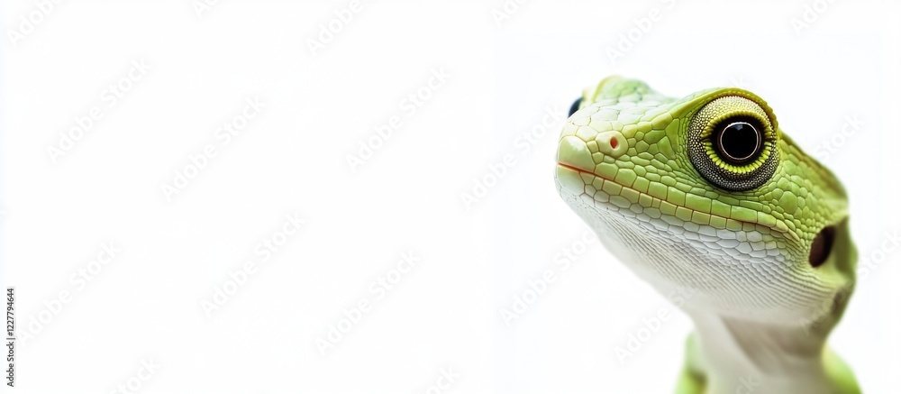 Poster green lizard portrait on white background with ample copy space for text and design elements in a fr