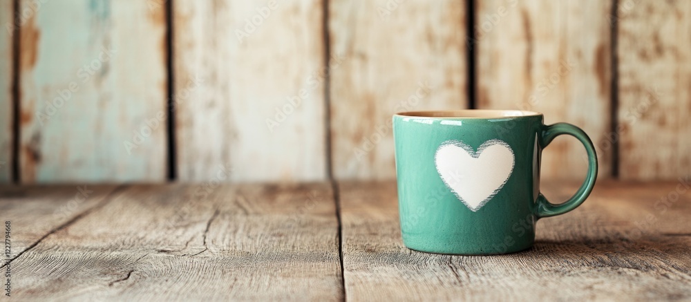 Poster green mug with heart symbol on rustic wooden table with ample empty space for text or branding purpo