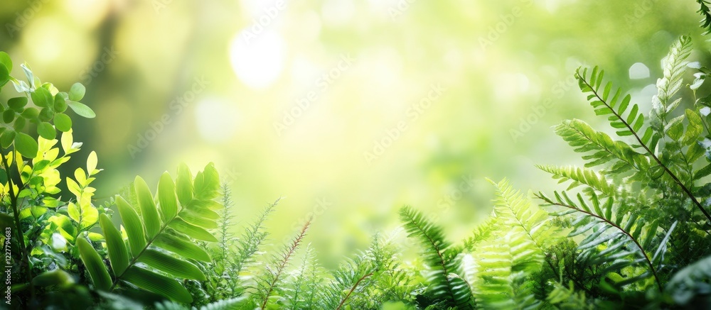 Poster lush greenery with sunlight filtering through foliage on natural background providing space for text
