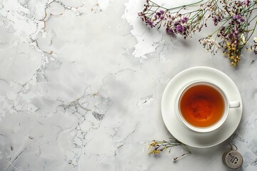 Cup of tea and gypsophila flowersle background