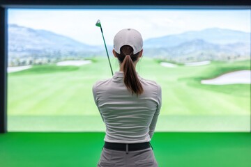 Female Golfer Practicing Golf Swing in High-Tech Indoor Simulator with Lush Virtual Golf Course Background