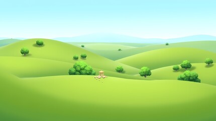 Fototapeta premium Flat view of charming hills, green grass, bushes, small trees, clear horizon, sunny weather