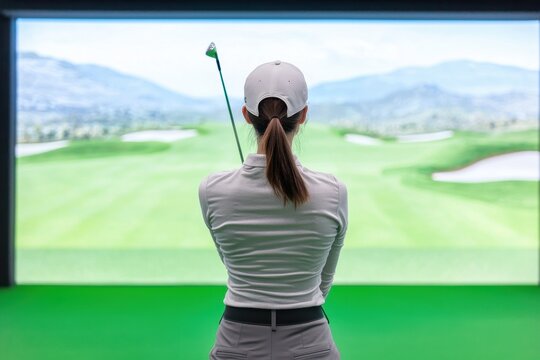 Female Golfer Practicing Golf Swing in High-Tech Indoor Simulator with Lush Virtual Golf Course Background