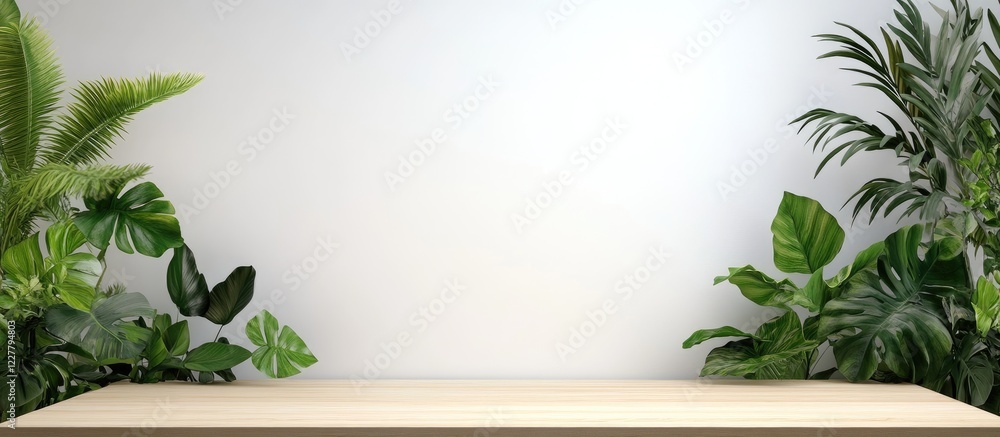 Wall mural Lush green plants on a minimalist table against a bright white wall creating a serene space perfect for banners or promotional content