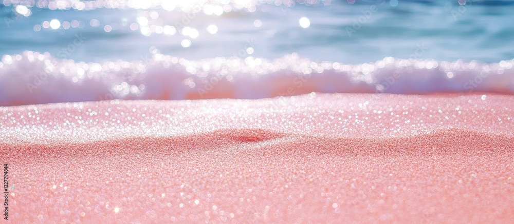Poster glittery pink beach background with ocean waves creating an inviting scene and ample space for text 