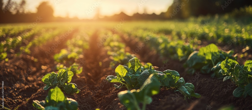 Poster fresh green lettuce growing on farm at sunset with vibrant field colors and empty space for your cus