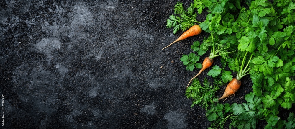 Aufkleber fresh carrot roots surrounded by green leaves on dark background with blank space for text and desig