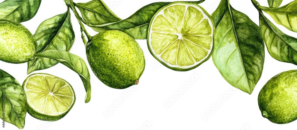 Aufkleber lush green lime leaves and fresh slices arranged on a white background with ample space for text or 