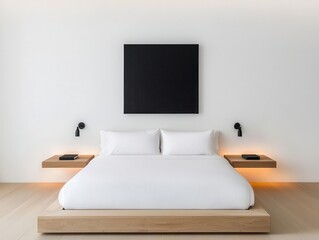 Bedroom with a platform bed, soft lighting, and a single piece of abstract wall art for a minimalist touch