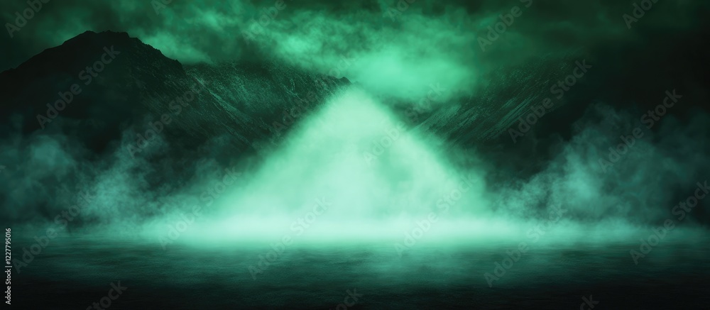 Poster mysterious green light illuminating foggy mountainscape with empty space for text and dramatic atmos