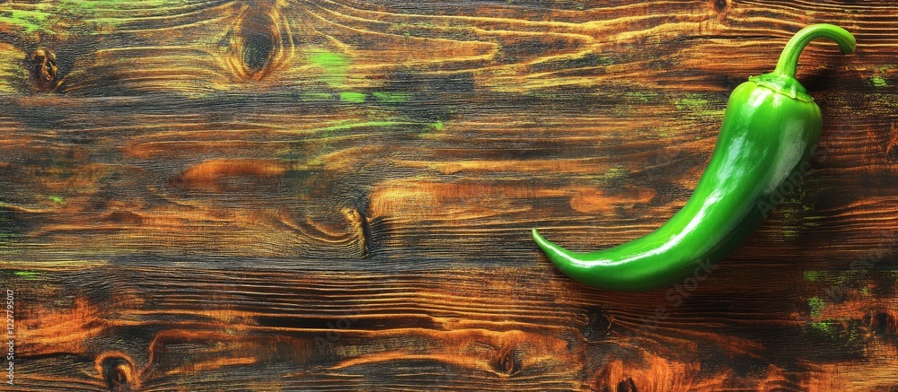 Poster fresh green pepper positioned vertically on rustic wood board with ample copy space for text illustr