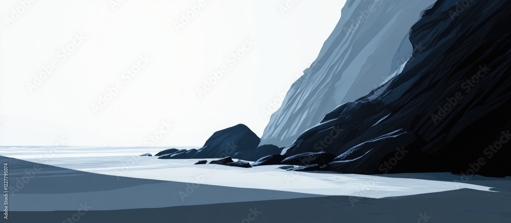 Poster gloomy beach landscape with long shadows on rocks and empty space for text ideal for creative projec