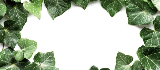 Fototapeta premium Green ivy leaves creating a natural border on a white background suitable for text or design elements