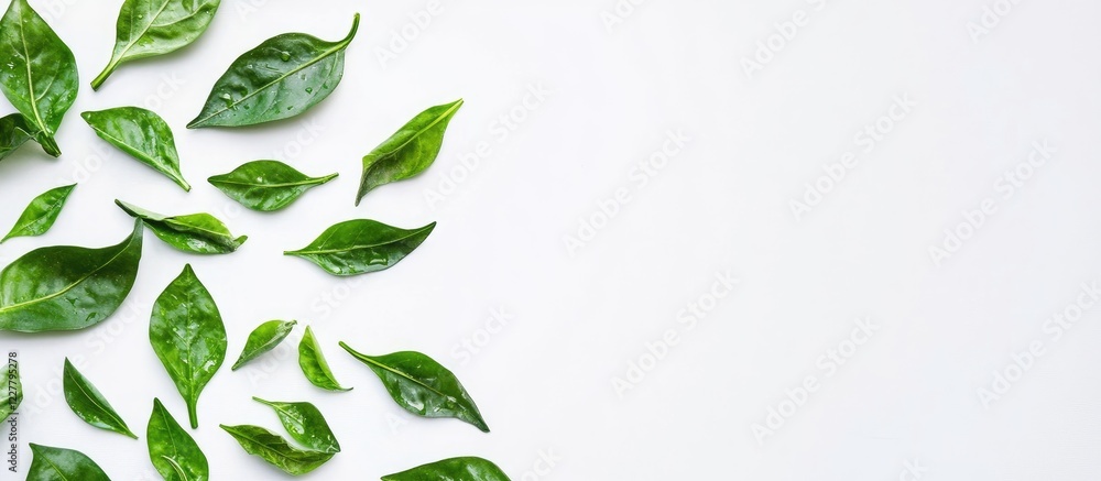 Poster green pepper and fresh green leaves isolated on white background with empty space for text and desig