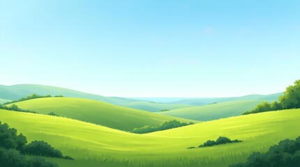 Flat view of charming hills, green grass, bushes, small trees, clear horizon, sunny weather