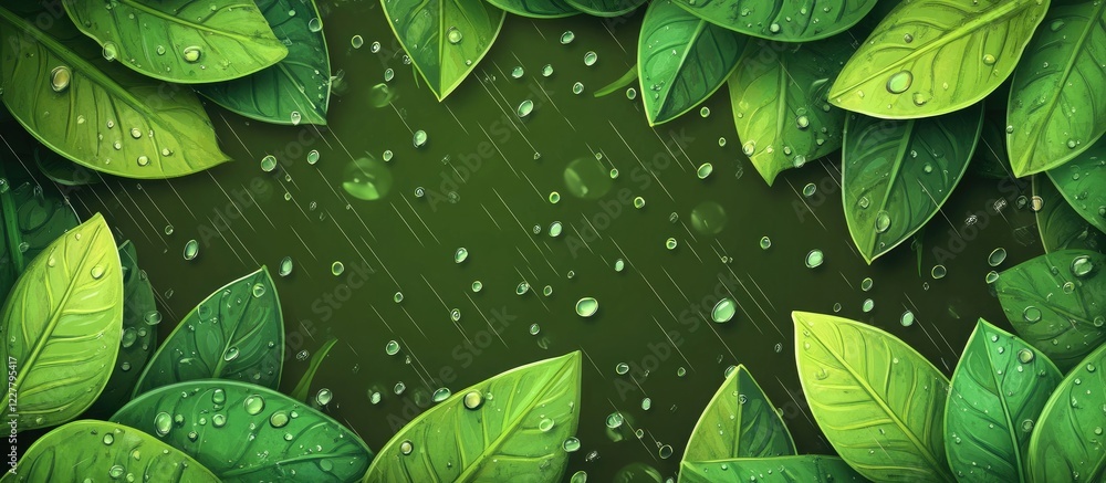 Poster lush green leaf background with raindrops and ample blank space for text or branding in a natural, r