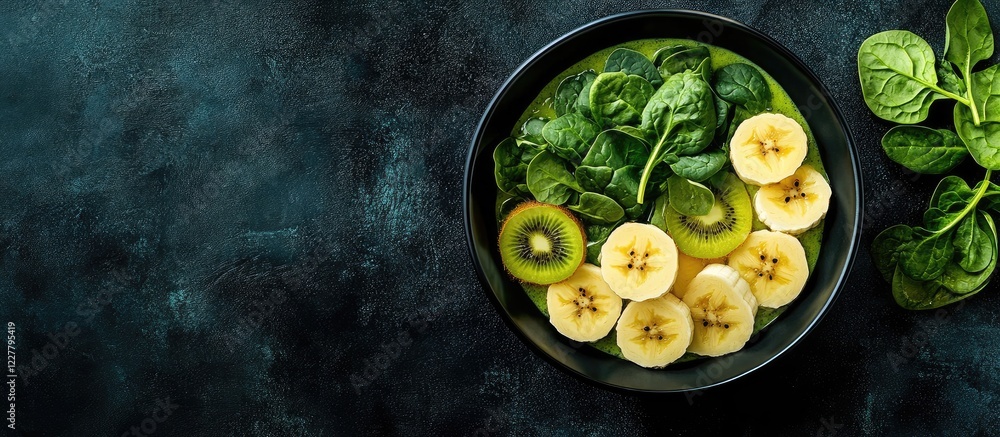 Poster green smoothie bowl featuring kiwi bananas and spinach with dark background and space for text or ma