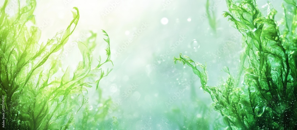 Poster underwater scene of green seaweed creating oxygen with soft light and space for text in marine life 