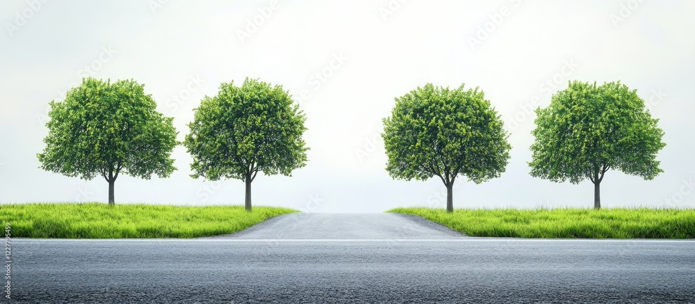 Poster green lollipop trees lined along an empty road with clear space for text and serene landscape in the