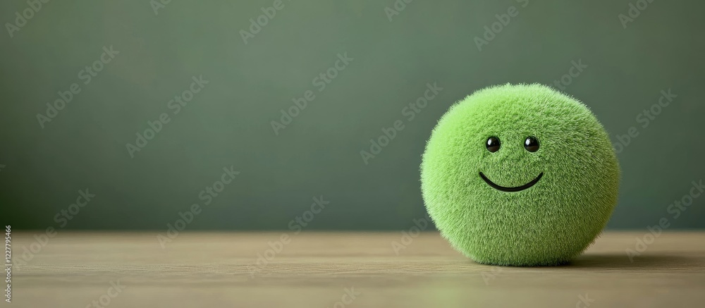 Poster green plush toy smiling character on desk with empty space for custom text in modern office setting