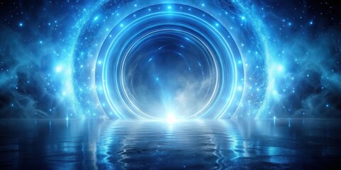 Mysterious portal with swirling lights in a mesmerizing blue haze, otherworldly glow, ethereal blue background