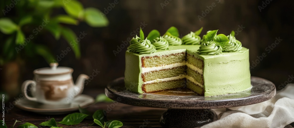Aufkleber green tea cake on rustic table with fresh leaves and empty space for text or branding