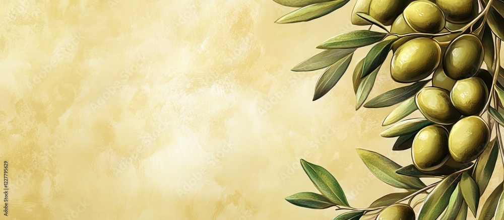 Poster green olives and olive branches on a textured background with ample space for text or message placem