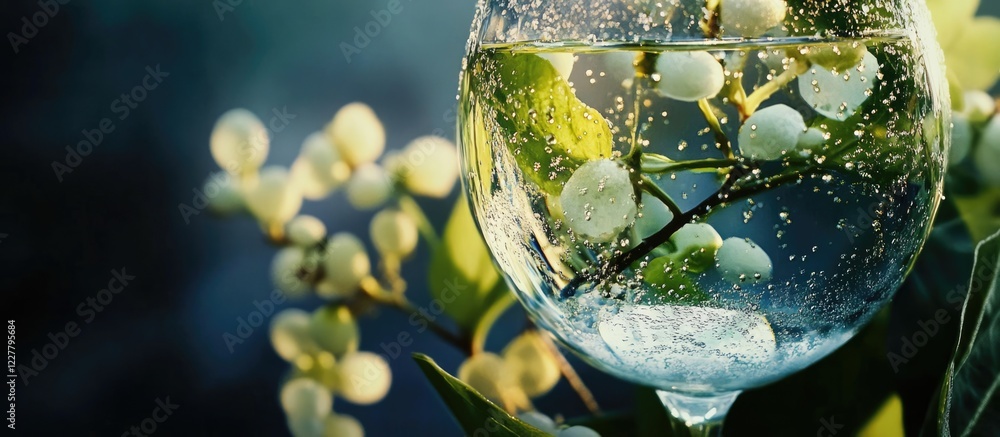 Poster globe shaped goblet filled with sparkling dew surrounded by summer foliage and a blank space for tex