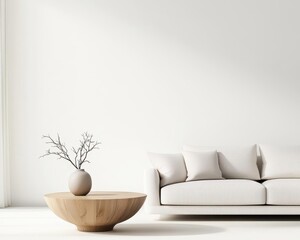 Living room with a neutral sectional sofa, a round wooden coffee table, and soft floortoceiling curtains