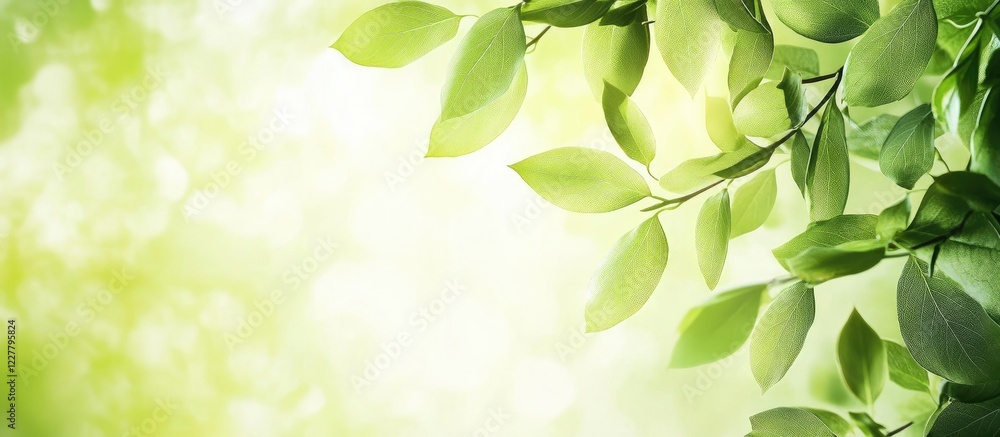 Poster fresh green leaves texture natural background with blurred light and empty space for customizable te