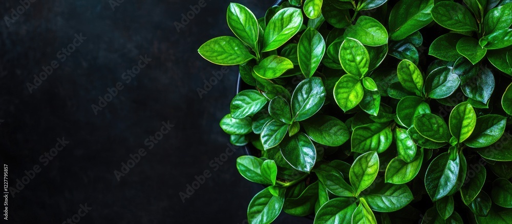 Sticker Lush green leaves of Aeschynanthus in a pot with dark background and empty space for text suitable for promotions or advertisements