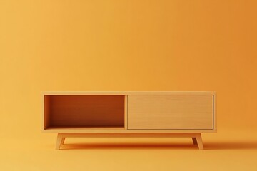Sleek wooden TV stand with storage compartments on vibrant background 