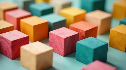 A vibrant collection of colorful wooden blocks arranged in a complex pattern, showcasing various hues and textures, creating a visually engaging and subtly textured composition.